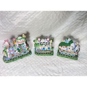 Vintage 3-piece Lighted Easter Train Set Ceramic Holiday Decor Bunny Egg WORKS